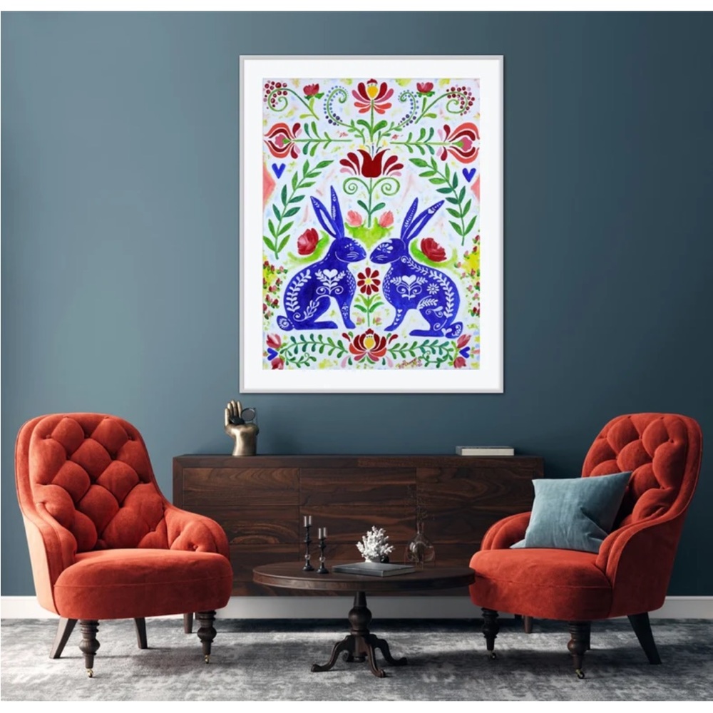Scandinavian Rabbits Giclée Folk Art Print of Oil Painting Whimsical Rosemaling - Picture 2 of 9
